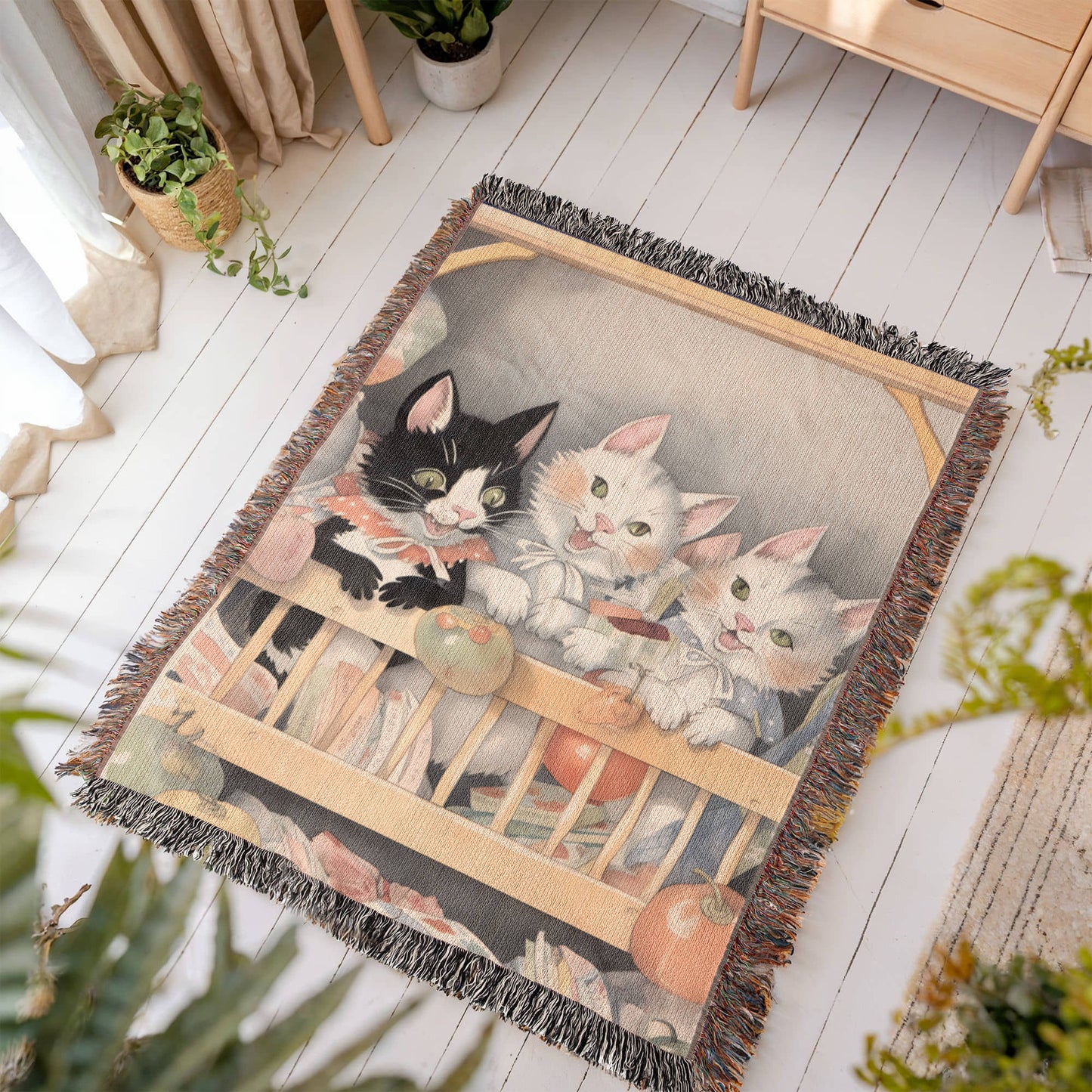 3 Kittens in a Cradle Woven Blanket