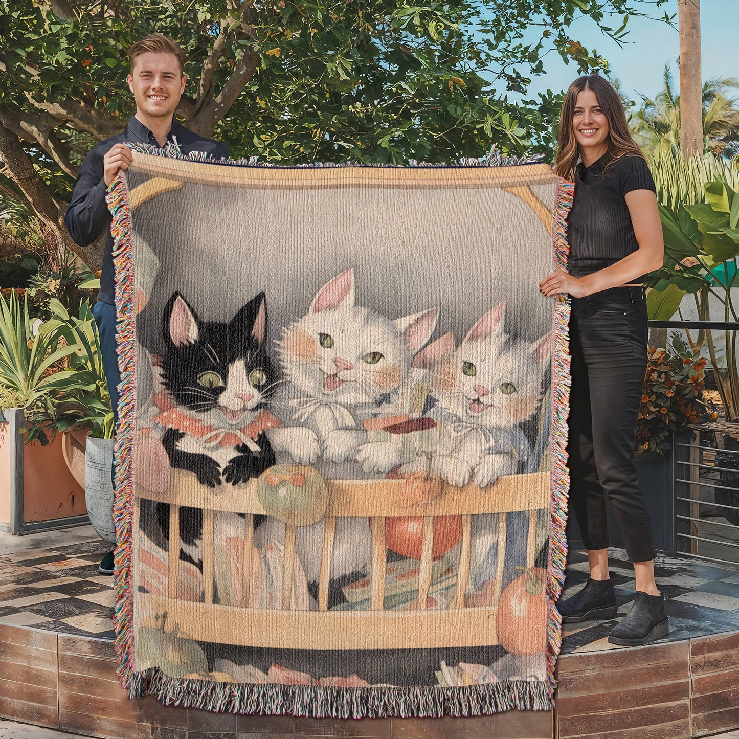 3 Kittens in a Cradle Woven Blanket