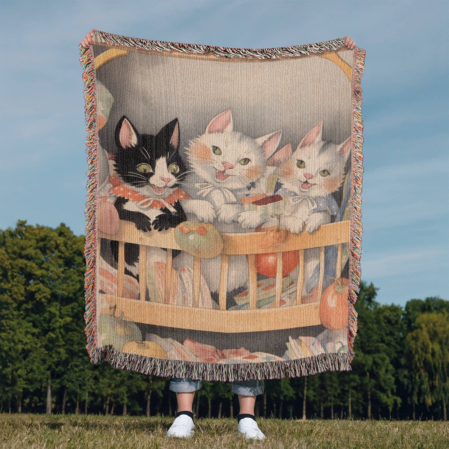 3 Kittens in a Cradle Woven Blanket