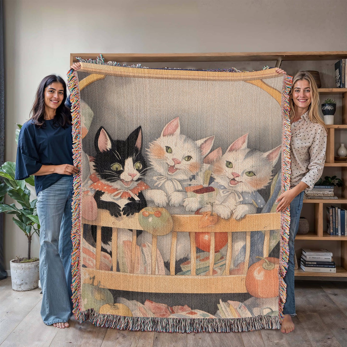 3 Kittens in a Cradle Woven Blanket