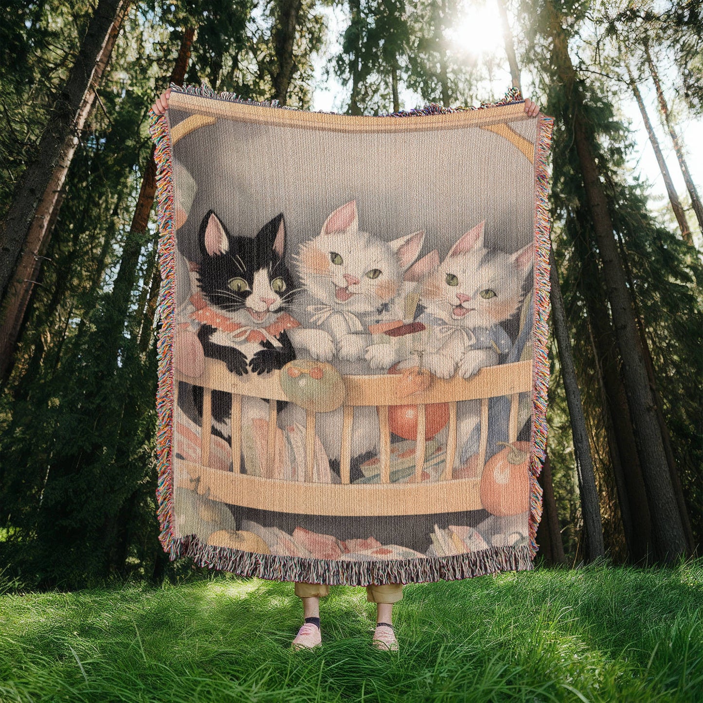 3 Kittens in a Cradle Woven Blanket